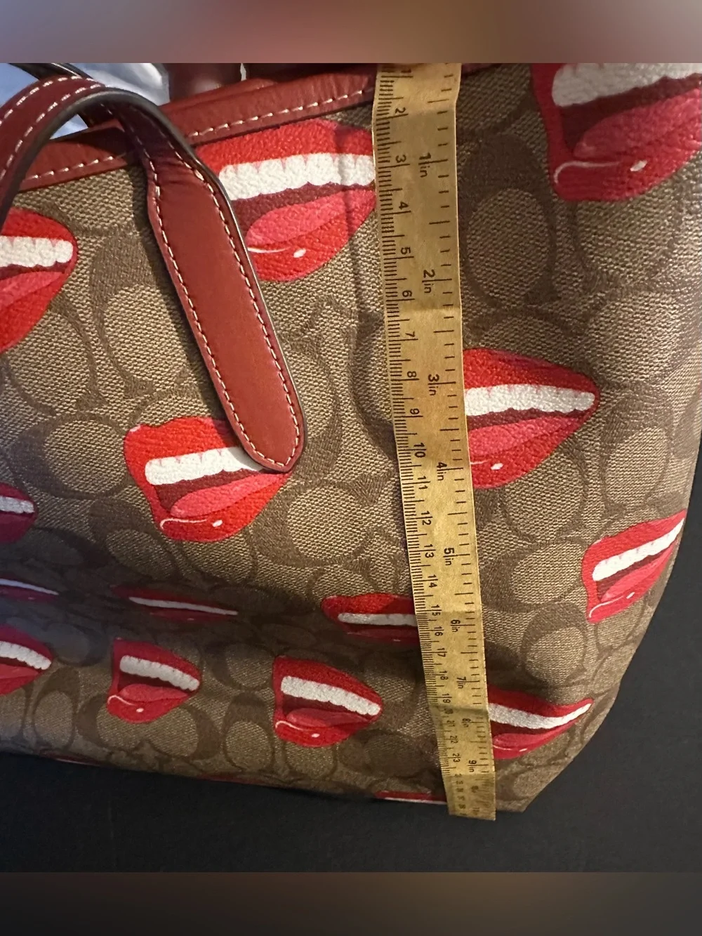 Coach X Tom Wesselmann Collab Brown Signature Tote with Red Lips Motif